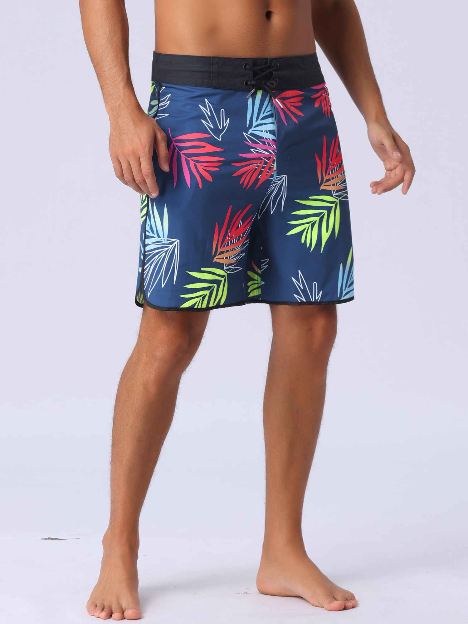 DARING DIVA Men's Elastic Waist Drawstring Hawaiian Print Athletic Swim Trunks 34 Dark Blue