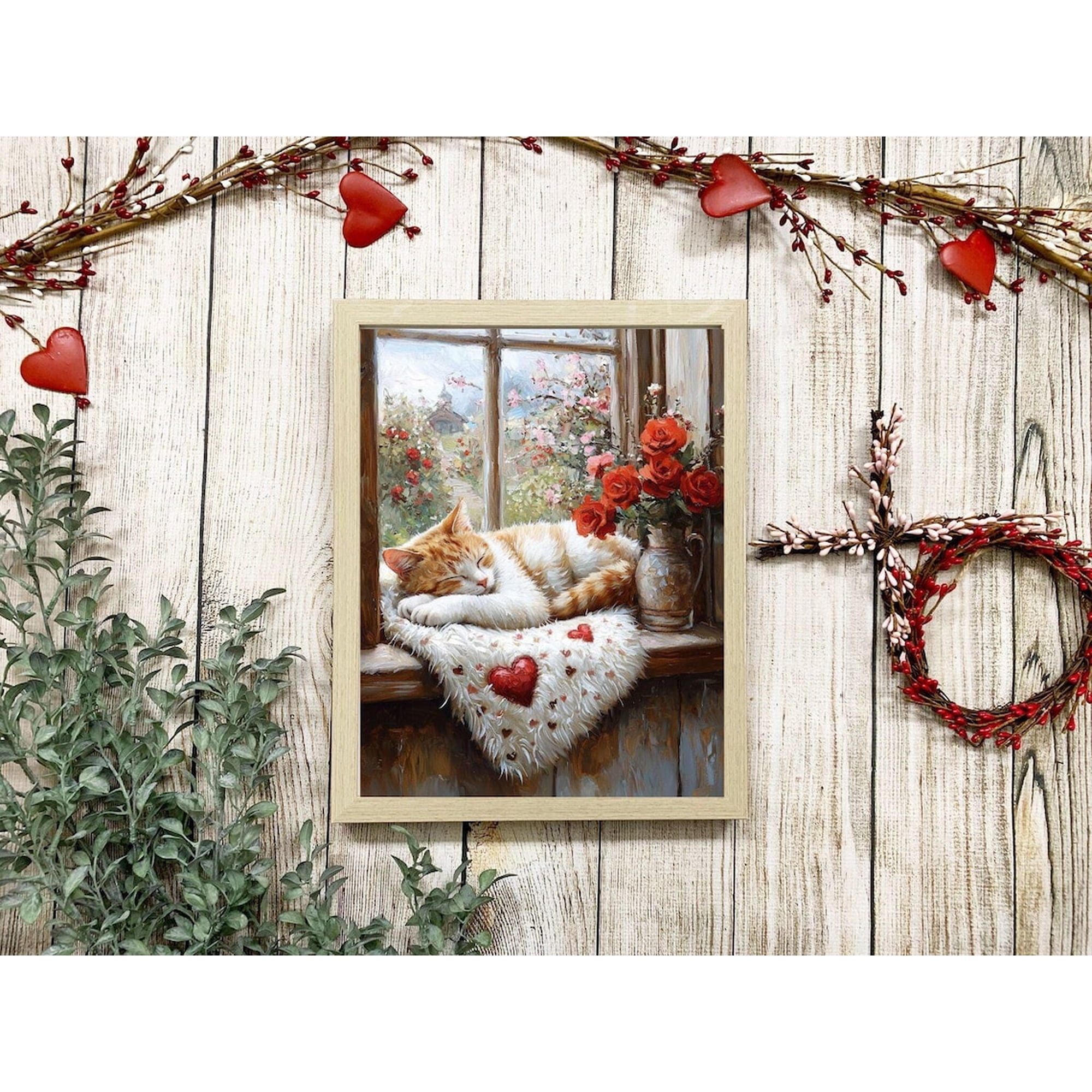White And Orange Tabby Valentine Wall Art Print Floral Cat Home Decor