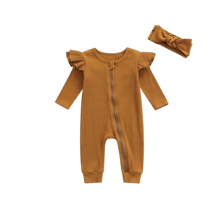 

TheFound Newborn Baby Girls Long Sleeve Ruffle Romper Zipper Jumpsuit with Headband Fall Winter Clothes