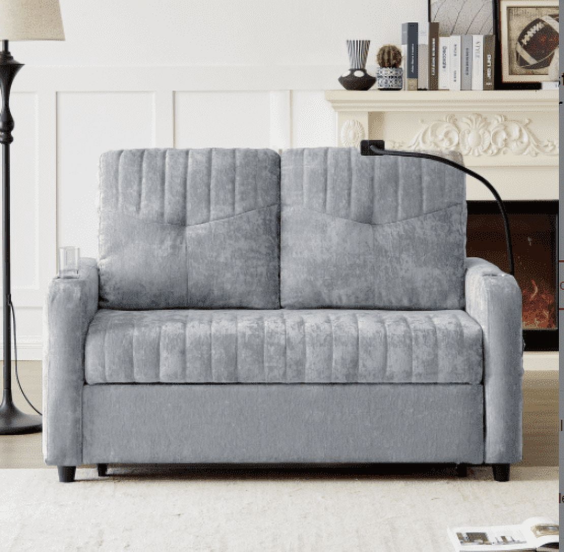Euroco 53.9" Modern Loveseat Pull-out Sofa Bed with Adjustable Backrest, Two Cup Holders , a Phone Holder, Three Charging Ports and Side Storage Pockets for Living Room