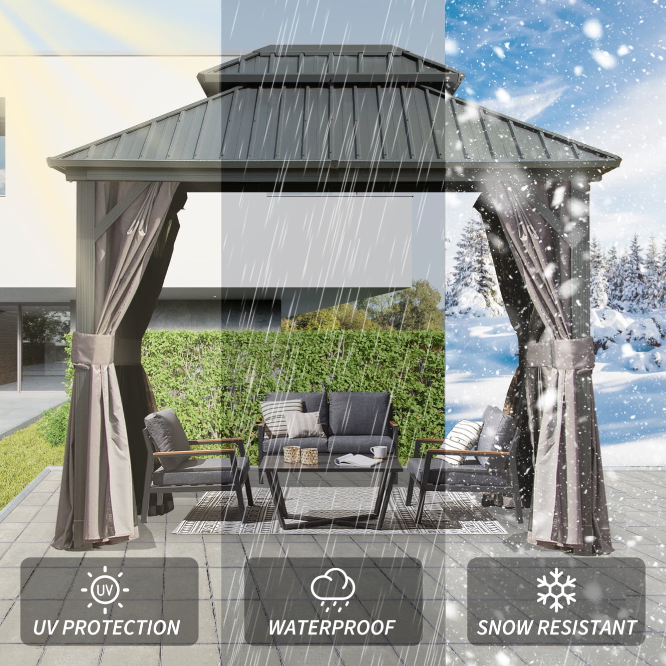 8'x10' Hardtop Gazebo,Aluminum Metal Outdoor Gazebo with Galvanized Steel Double Roof,Breathable Netting and Curtains,for Party,Dining,Wedding,Patio,Garden,Grey