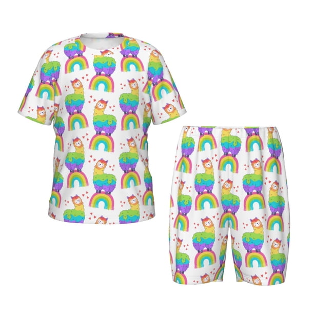Balery Rainbow Llama Conjunto de Pijama Infantil de Manga Corta con Estampado – Ropa de Dormir de Algodón Suave-3X-Large