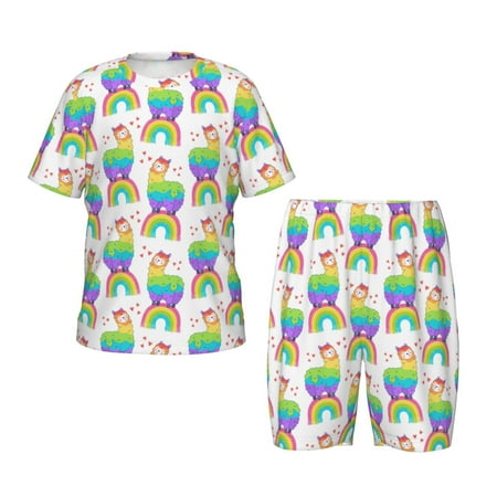 Luyuia Rainbow Llama Print Girls  2-Piece Tie-Dye Pajama Set  Cute Summer Loungewear with Shirt and Tank Shorts Nightwear-XX-Large