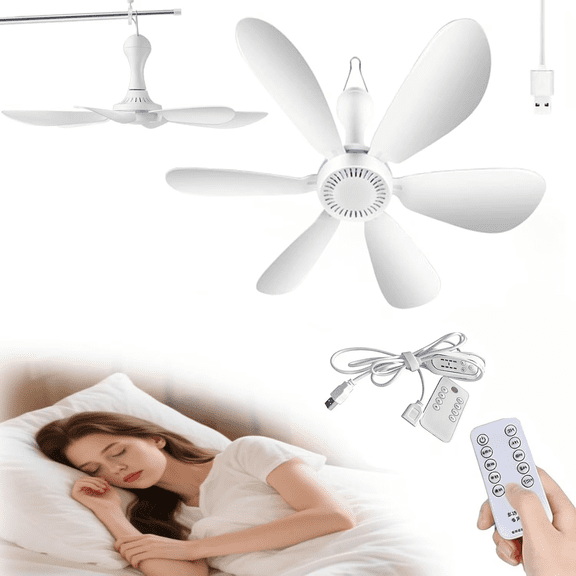 Collapsible Ceiling Fan , USB Mini Ceiling Fan, 6 Blade Quiet Small Dc Plug in Hanging Fan, Adjustable 4 Speed with Remote, Portable for Camping, RV, Cruise Ship Cabins, Tent & Travel Use