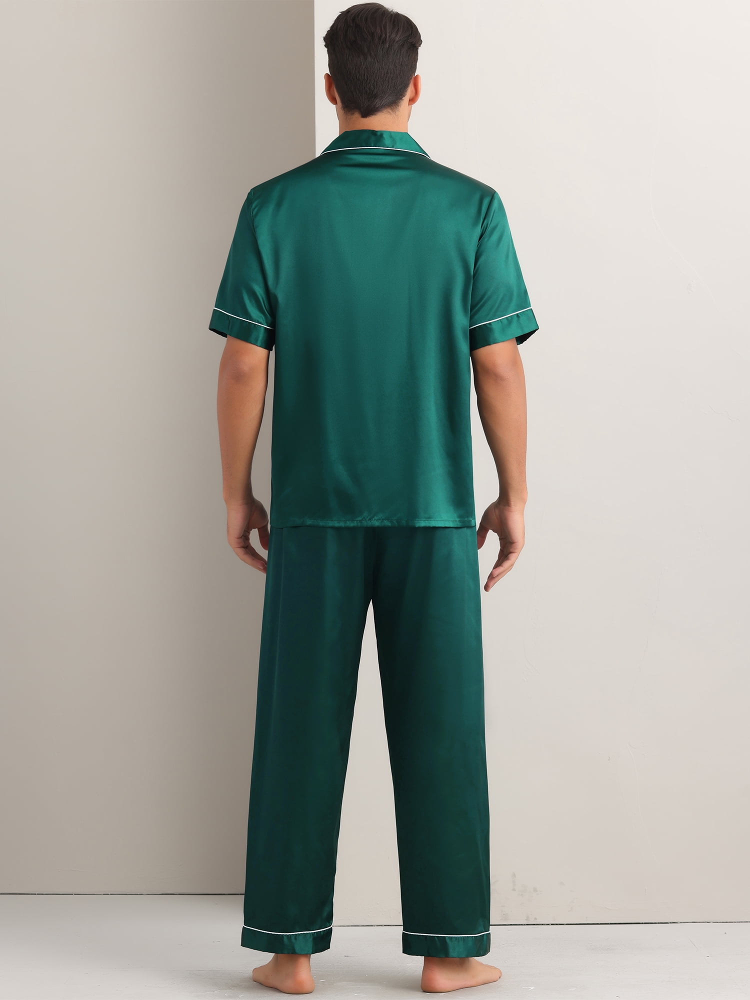 DARING DIVA Men's 2-Piece Pajama Set Button Down Short Sleeve Shirt Pants L Dark Green