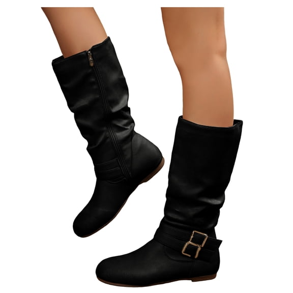 HEWUQI Short Cowboy Boots for Women Slouchy Mid Calf Round Toe Side Zipper Flats Adjustable Buckle Decor Comfortable Winter Fall Shoes Black Size 5.5