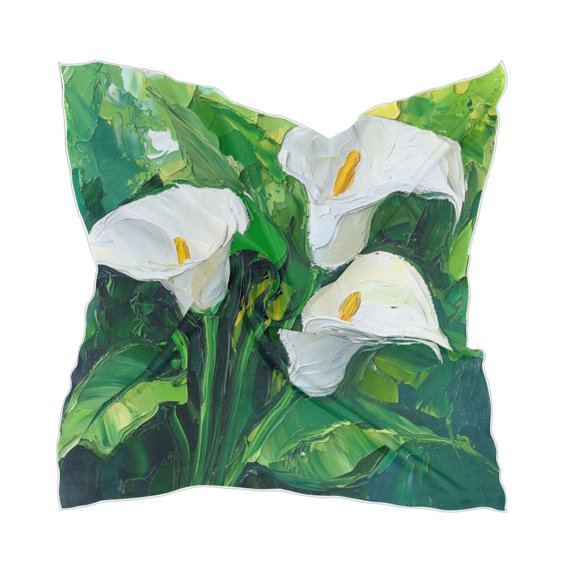 White Horseshoe Lotus Oil Painting Women's Fashion Soft Scarf Square Satin Head Scarf Neck Scarf Head Hair Wraps