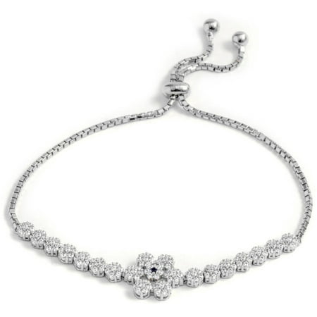 Pori Jewelers CZ Sterling Silver Flower Friendship Bolo Adjustable Bracelet