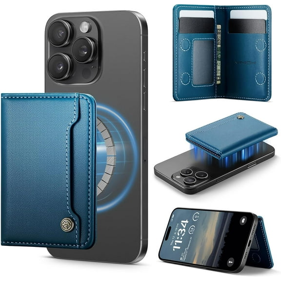 for MagSafe Wallet Magnetic RFID Blocking Card Holder Compatible with MagSafe Phones and Cases, Strong Magnet Minimalist Phone Wallet for iPhone 16/15/ 14/13/ 12/ Pro/Max/Plus, Blue
