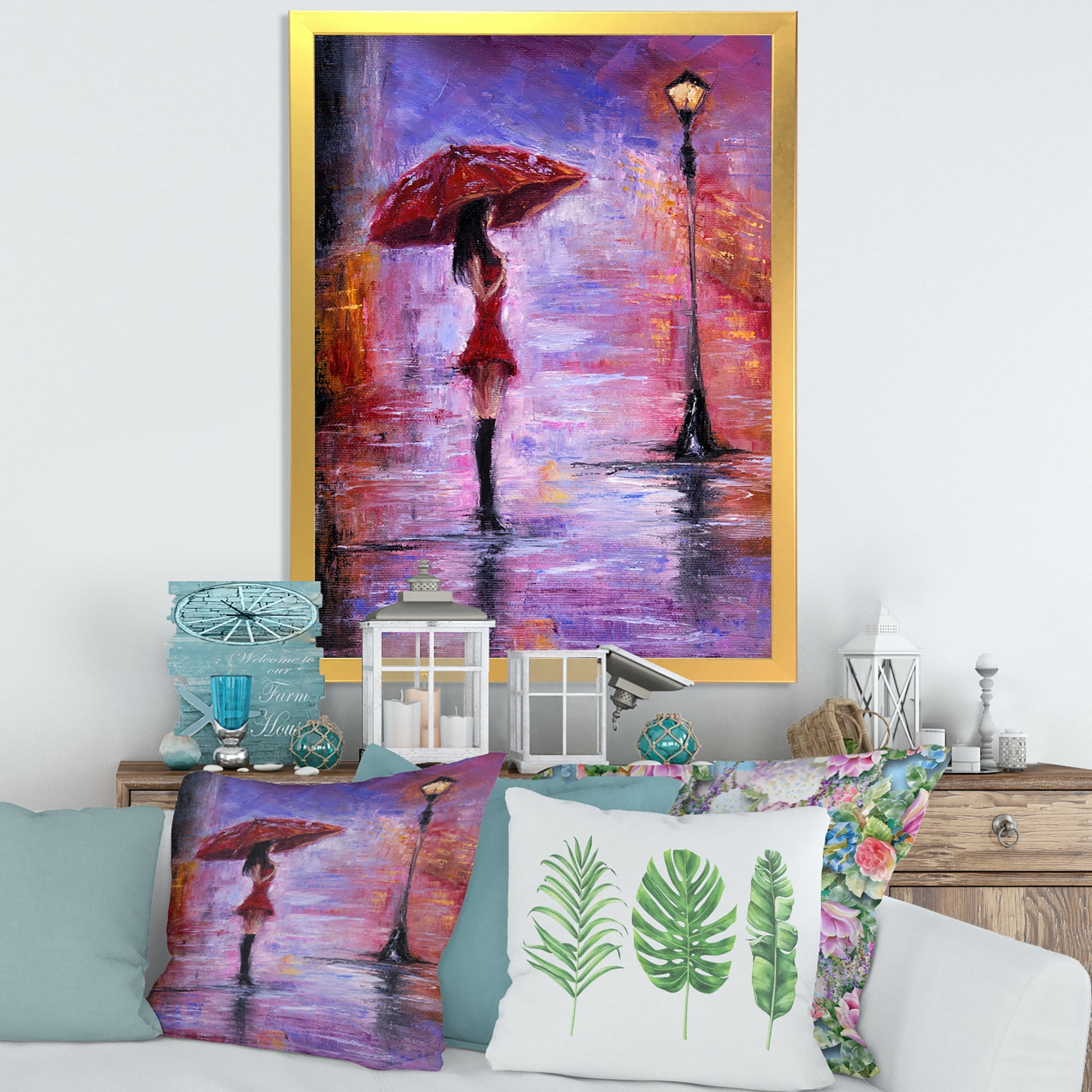 Designart 'The Girl With The Umbrella Walking In The Rain I' French Country Framed Art Print