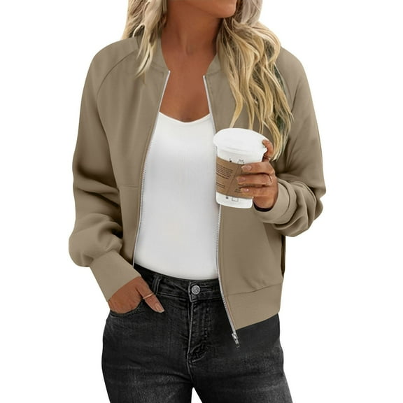 ClodeEU Womens Cropped Zip Up Sweatshirts With Pockets,Long Sleeve Lightweight Casual Bomber Jacket Beige,Womens Plus M
