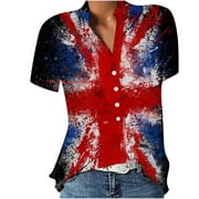 Lolmot Tops for Women Sexy Casual Summer V-Neck Leisure Short Sleeve Buttons 4th of July Printed Shirts Pullover Blouse with Pocket