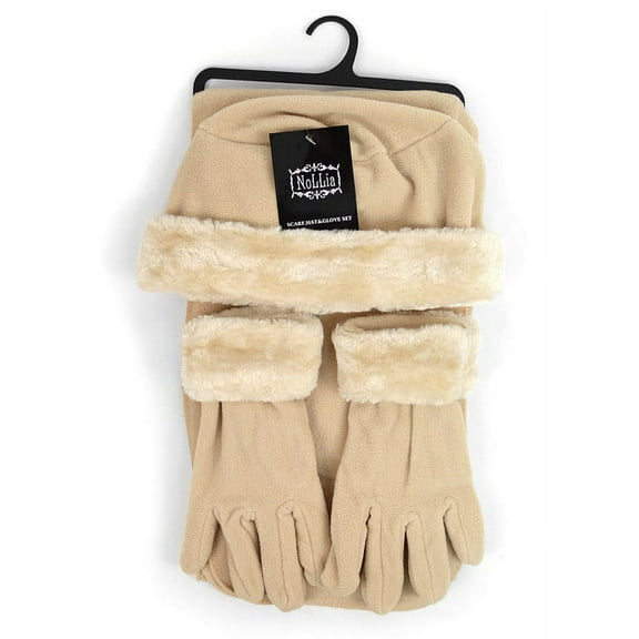 Kid's (6-12 Years Old) Fleece Winter Set-Polyester Fleece Hat, Gloves, and Scarf Set for Cold Weather (Beige)