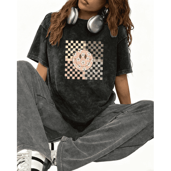 Women's Black Washed Oversized Graphic Tshirt Retro Checkerboard Daisy Smiley Print Casual Loose Fit Vintage Style Short Sleeve Comfort Tops S-2XL