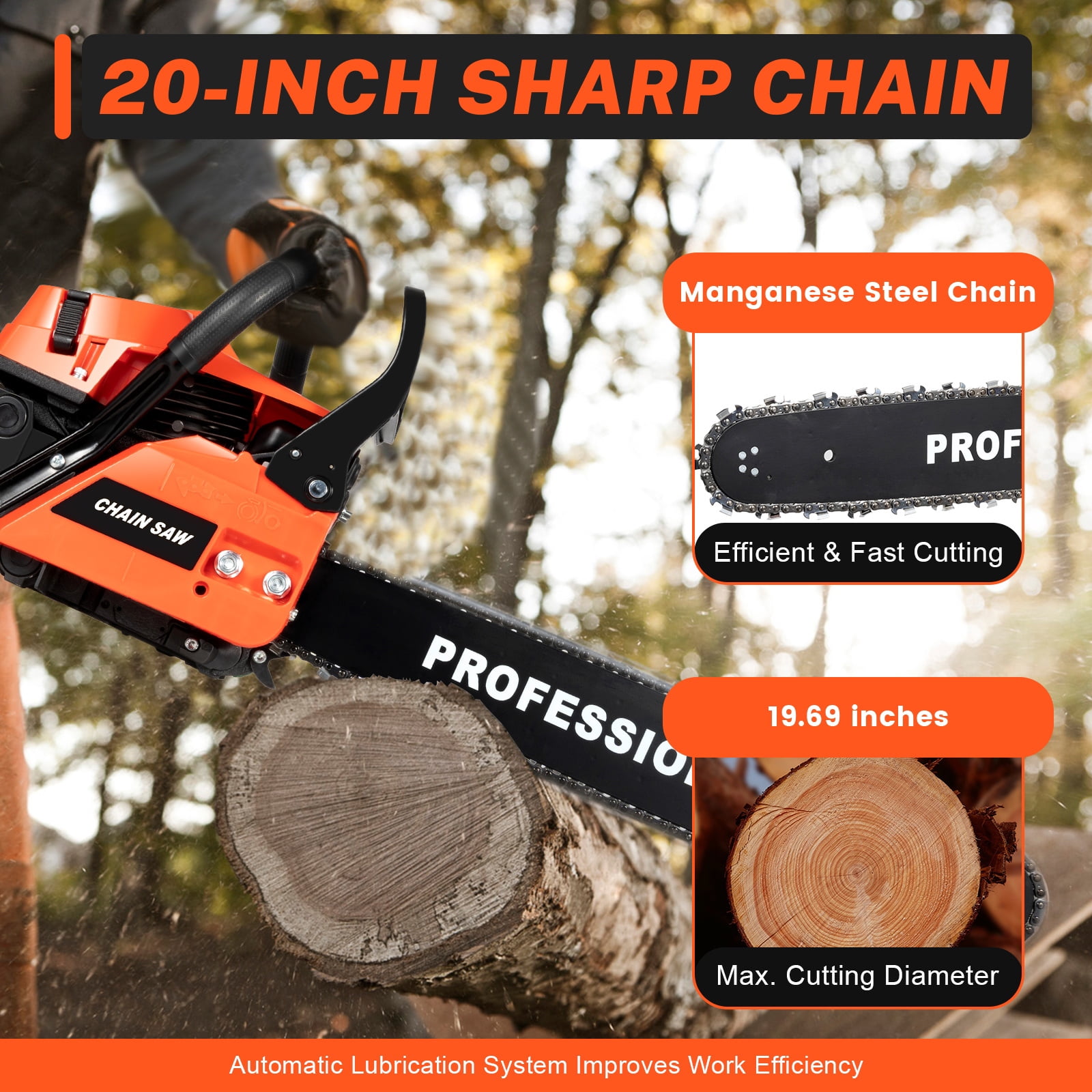 DENEST 2-Stroke Gasoline Chainsaw 62 CC 20" Bar Power Engine Wood Cutting Gas Chain Saw