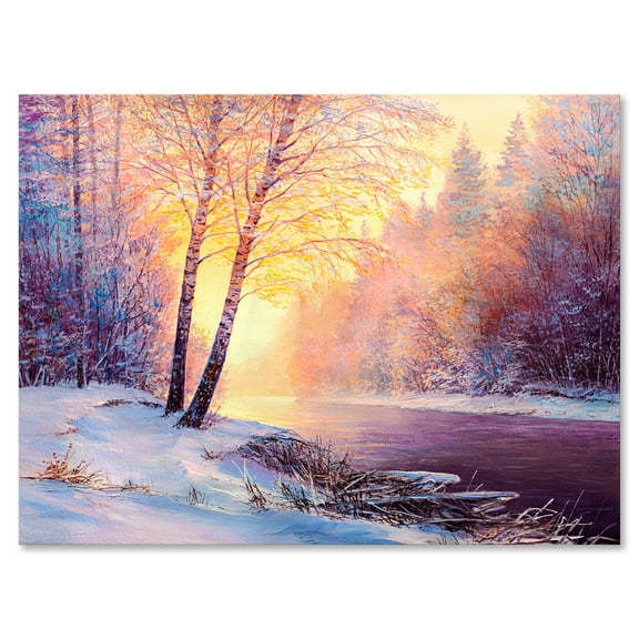 Designart ' Bridge Of Meandering River With Winter Scenery II ' Lake House Canvas Wall Art Print