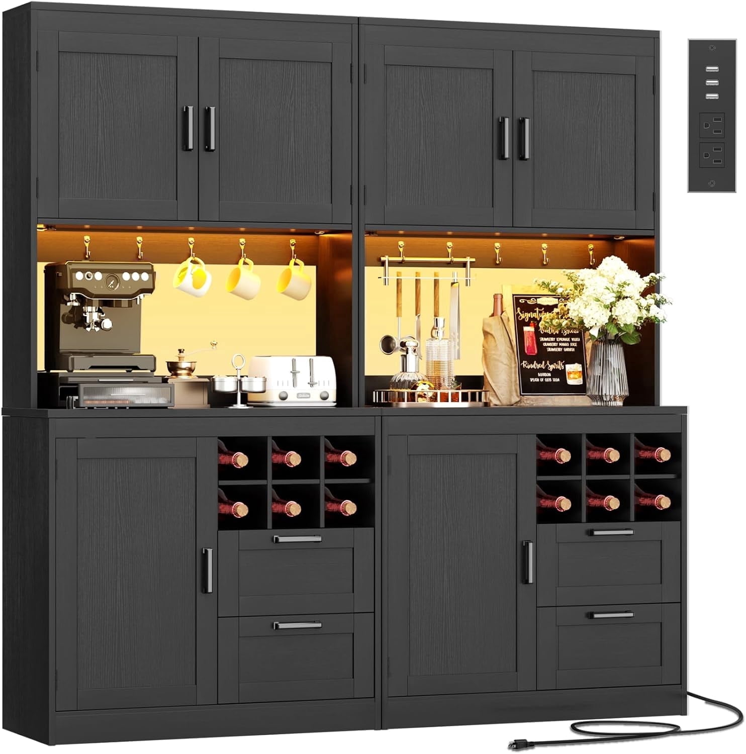 Homieasy 72'' Tall Pantry Cabinet with Outlet & LED Light, 63'' Wide Kitchen Hutch Bar with Microwave Stand, Drawers, Wine Rack & Shelves, Cupboard for Dining Room, Dark Black