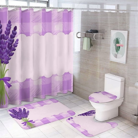 Lavender Bouquet on Gingham Background Shower Curtain Bathroom Sets Toilet Lid Rug, Bath Mat And Contour Mat, Shower Curtain 4Pcs