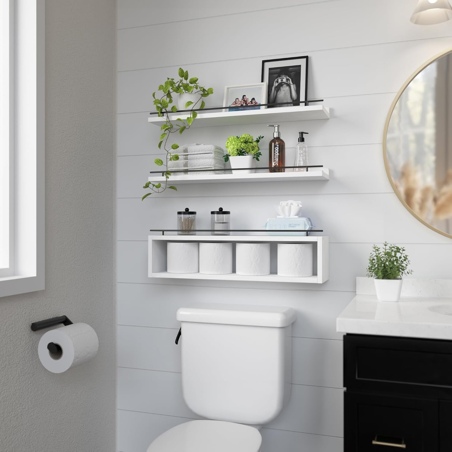 Floating Shelves for Wall 24 inch with Cube Shelf, Wall Shelves with Metal Rail for Bathroom Decor, Bathroom Organizers and Storage, Over Toilet Shelves, Toilet Paper-White