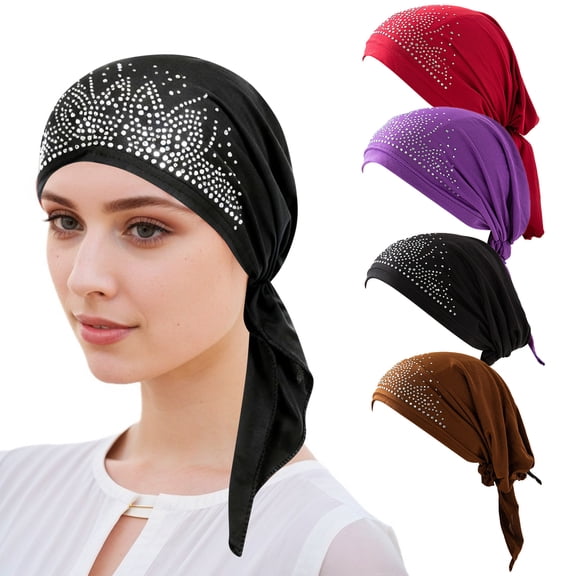 SPOKKI 4 PCS Chemo Head Scarf for Women, Pre-Tied Rhinestone Turban Hats, Soft Sleep Caps & Headwrap Beanies for Cancer Hair Cover