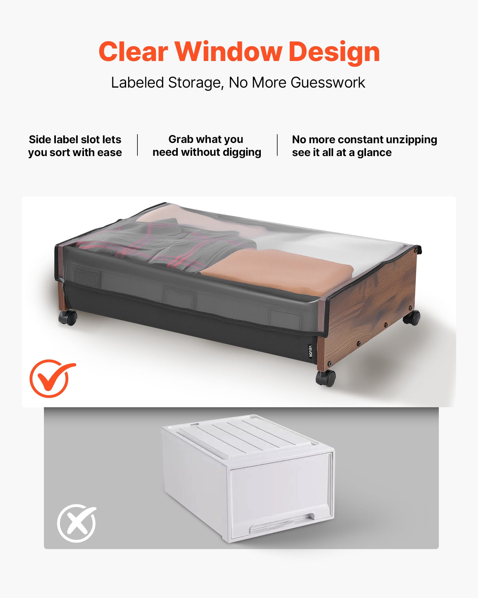 VEVOR Under Bed Storage with Wheels, 25.6 x 18.1 x 7.1 inch Underbed Containers, Underbed Shoes Organizer with Lockable Wheels, Rolling Under the Bed Storage Bins for Clothes, Shoes, Blankets, 2 Pack