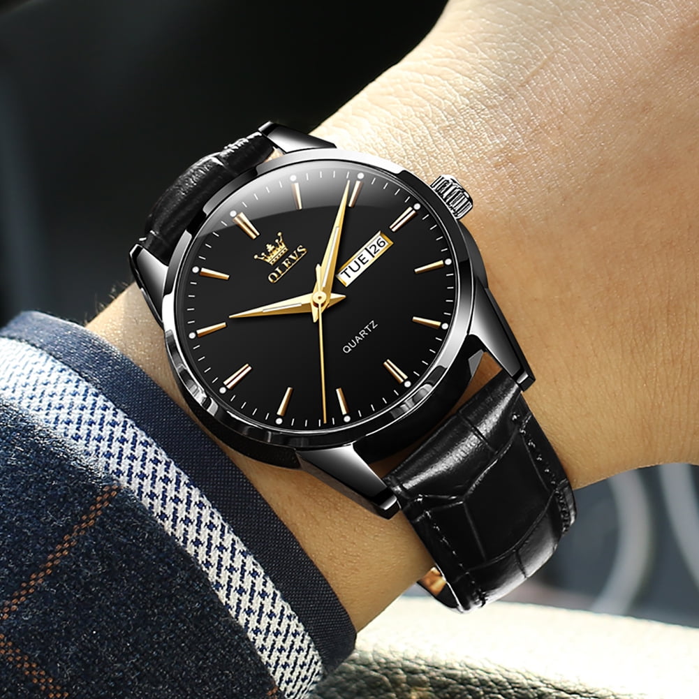 OLEVS Mens Watches,Black Leather Watch for Men,Black Analog Quartz Fashion Business Dress Watch Luminous Waterproof Casual Male Wrist Watches Reloj para Hombre