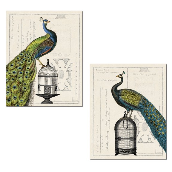Gorgeous Green and Blue Peacock and Birdcage Set by Sue Schlabach; Two 11x14in Unframed Paper Posters