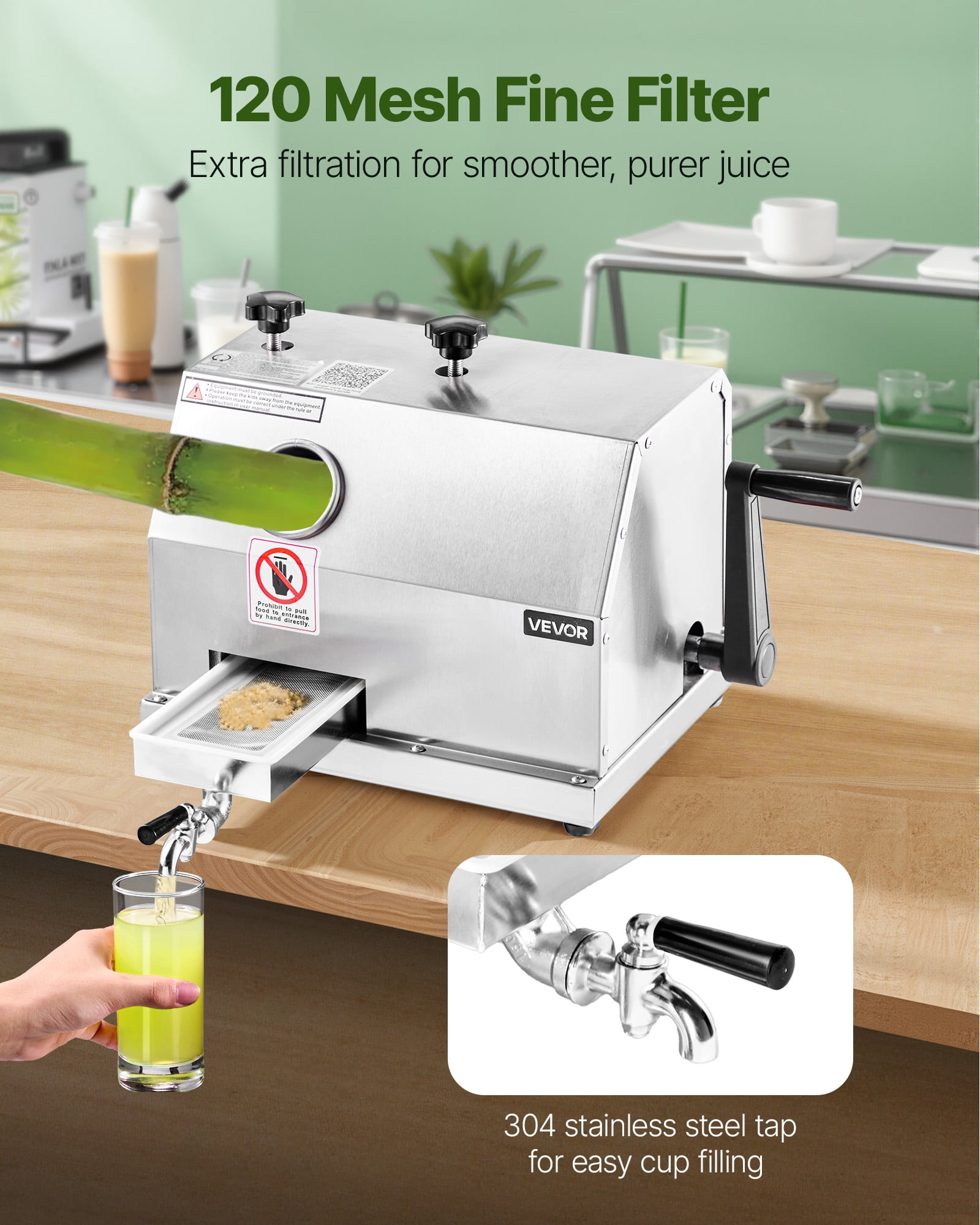 VEVOR Commercial Sugar Cane Juicer,110LBS/H High Output Sugarcane Juicer Machine with 3 Stainless Steel Rollers,2.4" Large Inlet,Manual Sugar Cane Press Juice Extractor Squeezer for Home/Commercial