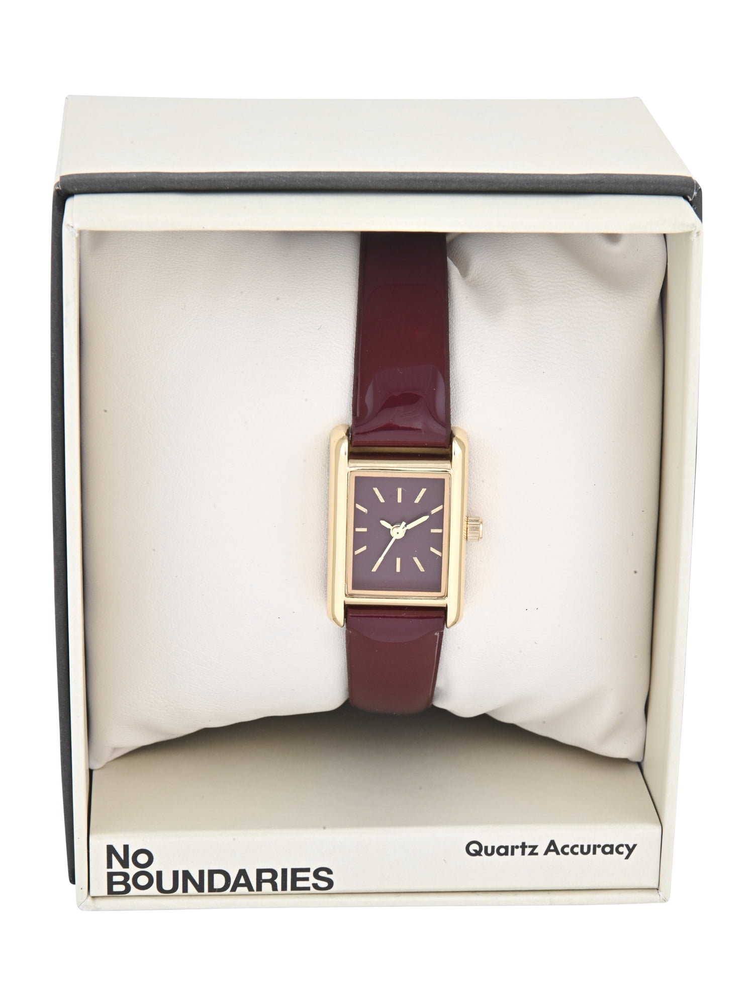 No Boundaries Adult Female Goldtone Rectangular Case Watch with Monochramatic Burgundy Patent Strap.
