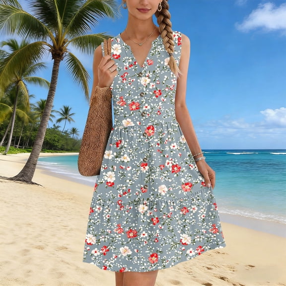 Gamivast Dresses for Women Sleeveless V Neck High Waist A-Line Midi Dress Floral Print Button Down Tiered Hem Flowy Casual Daily Summer Dresses Spring Dresses