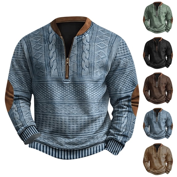 Men's Retro Casual Ethnic Print Zipper Sweatshirt, Gradient Long Sleeve Pullover for Street Style,Black,L
