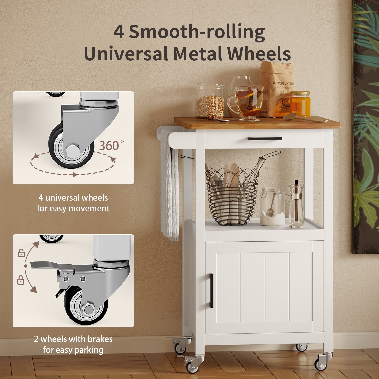 Noelse Rolling Kitchen Cart with Drawer and Open Shelf, Mobile Island Storage Cabinet, White