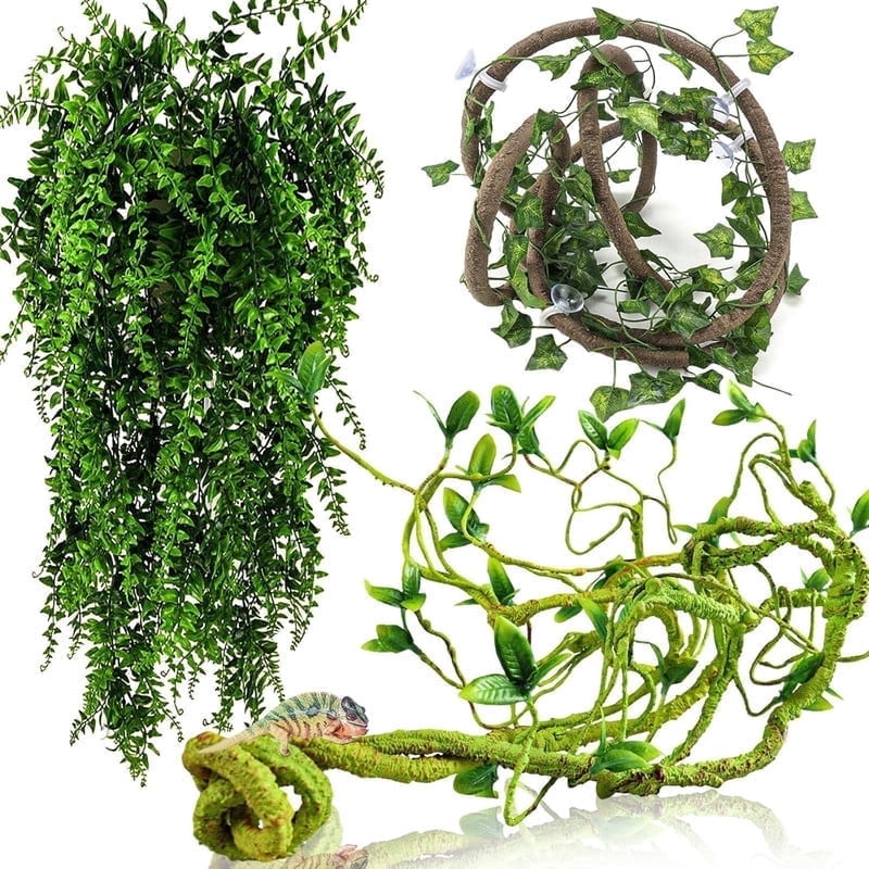 Reptile Plants, Smlper 4 Pcs Reptile Vines, Flexible Jungle Climbing Vines Terrarium Plastic Plants and Leaves Tank Accessories Decor for Gecko Snake Lizard Bearded Dragon Hermit Crab Frog