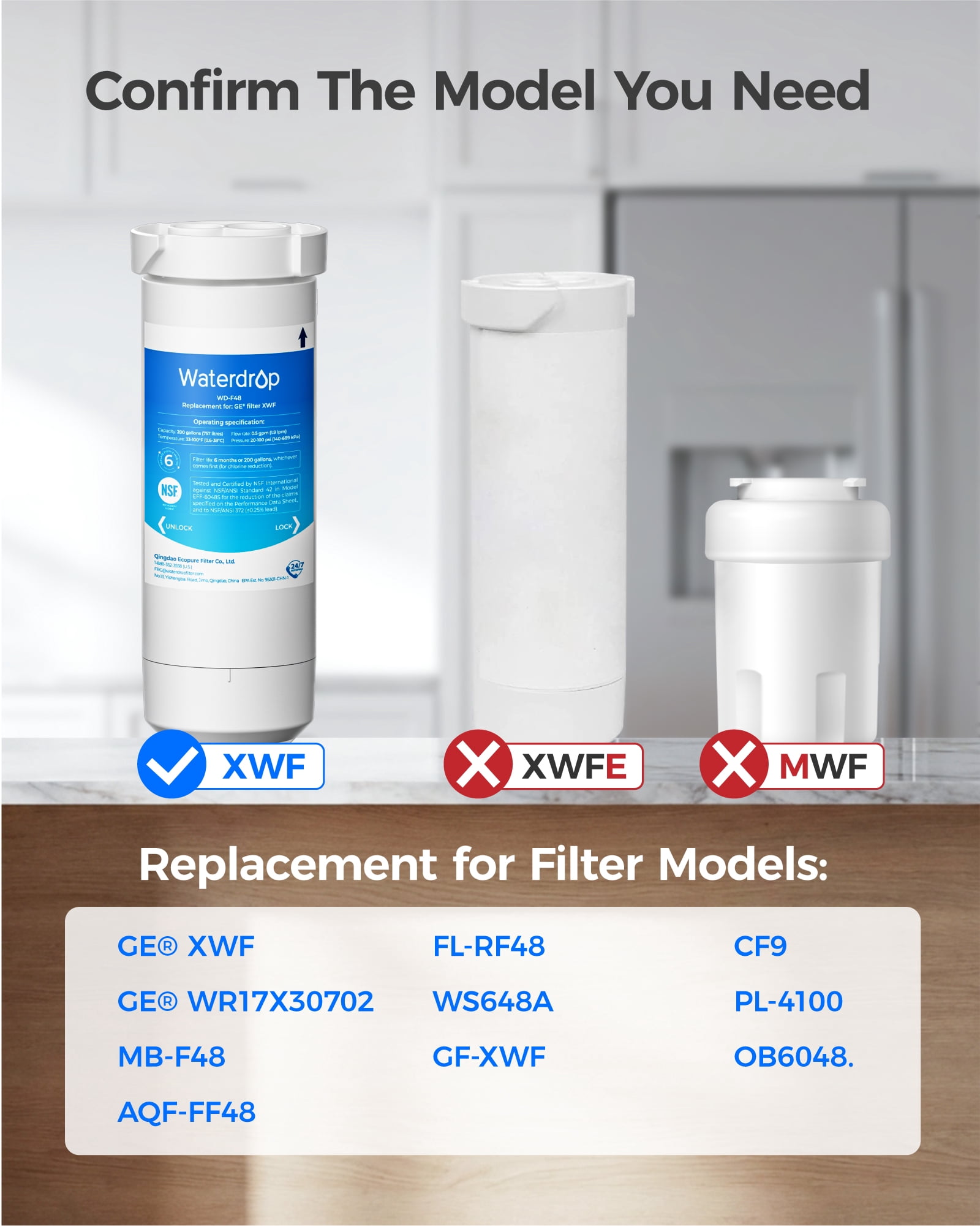 Waterdrop XWF Refrigerator Water Filter, Replacement for GE® WR17X30702, NSF 42/372 Certified, Compatible with GNE27, GFE26, GDE25, GSS25, PSE25 Series Refrigerators,2-Pack (Not XWFE®)