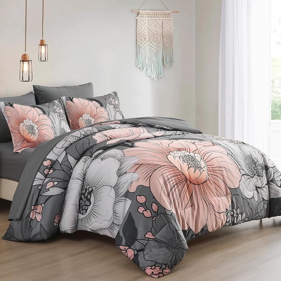 Queen Comforter Set 7 Pieces Grey Floral Bedding Set with Sheets Pillowcases Shams Lightweight Boho Style for All Season