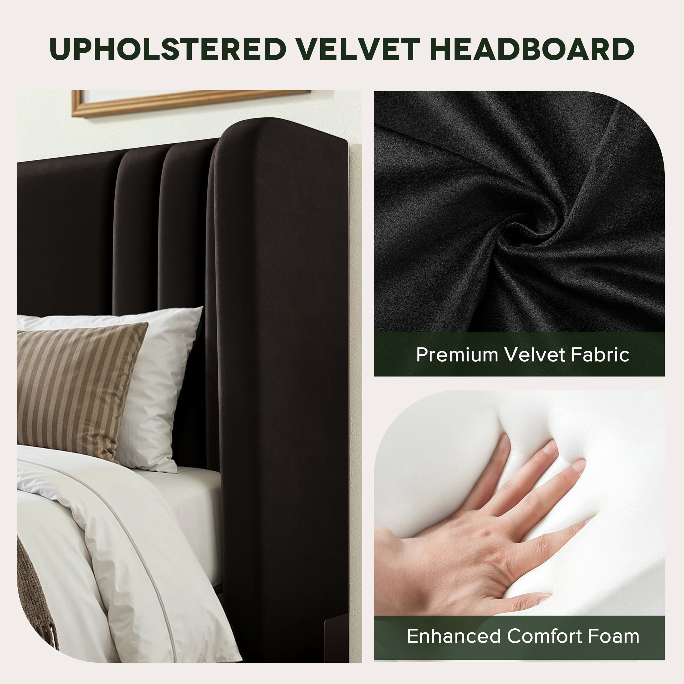 Einfach Queen Size Upholstered Bed Frame, Platform Bed with Velvet Wingback Headboard, Black