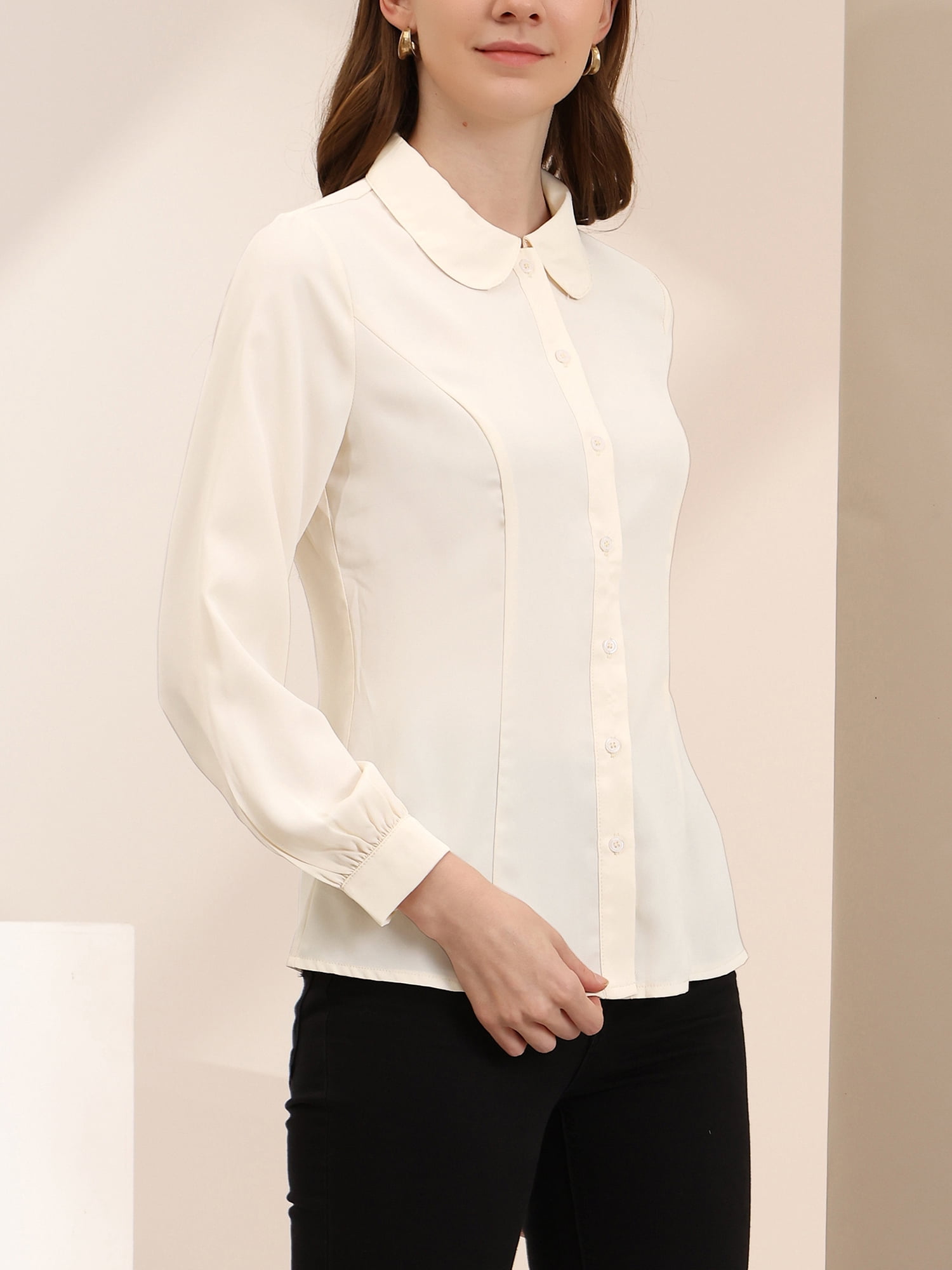 DARING DIVA Women's Peter Pan Collar Long Sleeve Button Down Work Shirts S Beige