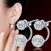 1 Pair Women Jewelry Silver Double Beaded Rhinestone Crystal Stud Earrings HFON
