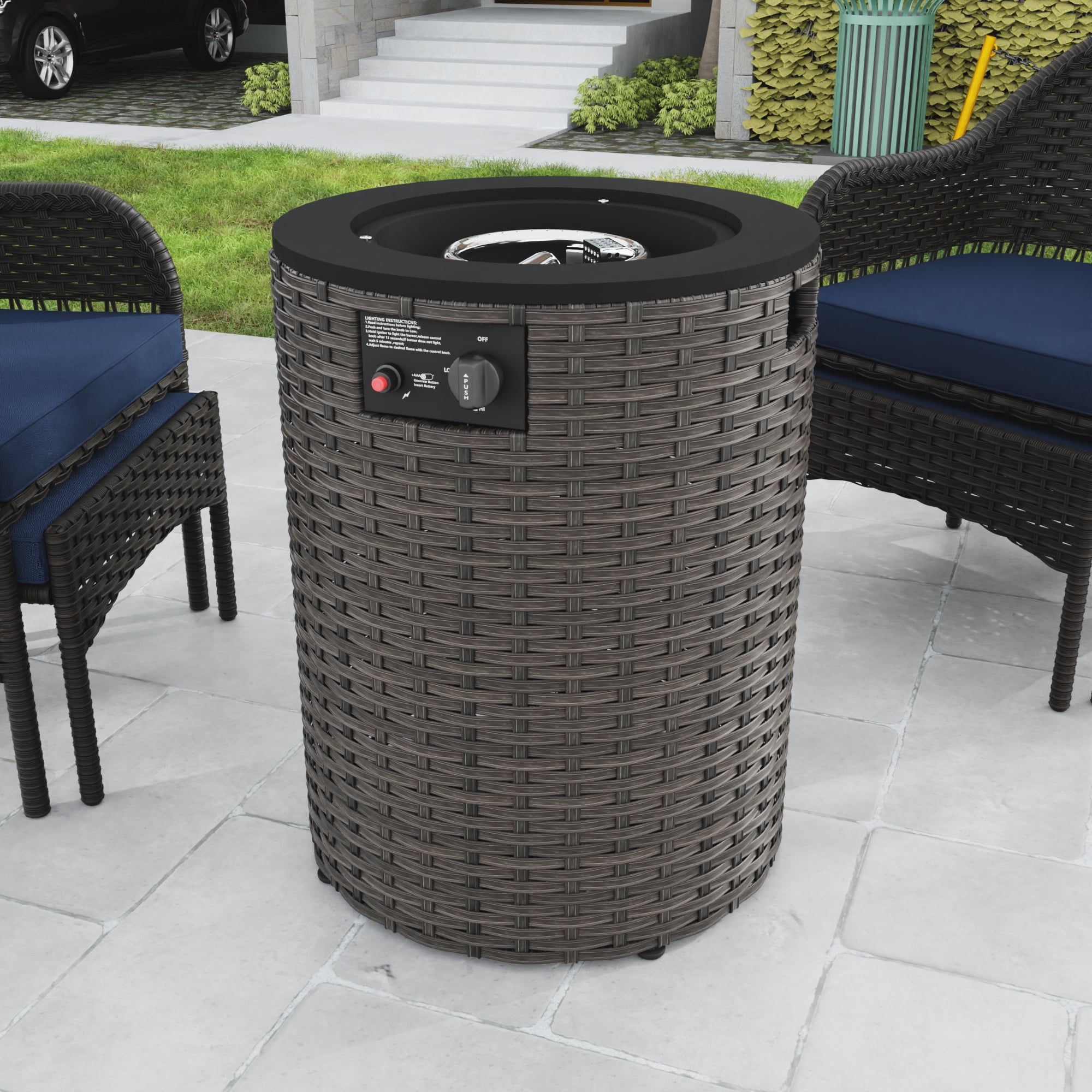 MeetLeisure 18" Gas Fire Pit Table, 50000 BTU Outdoor Rattan & Wicker Propane Fire Pit Table, with Round Black Steel Tabletop,Black&Brown