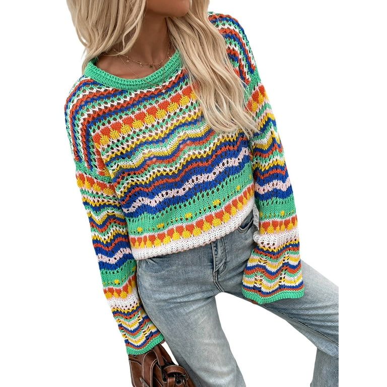 Women Colorful Knit Pullover Crochet Knitted Y2K Long Flared Sleeve Casual  Sweater Rainbow Striped Knitwear
