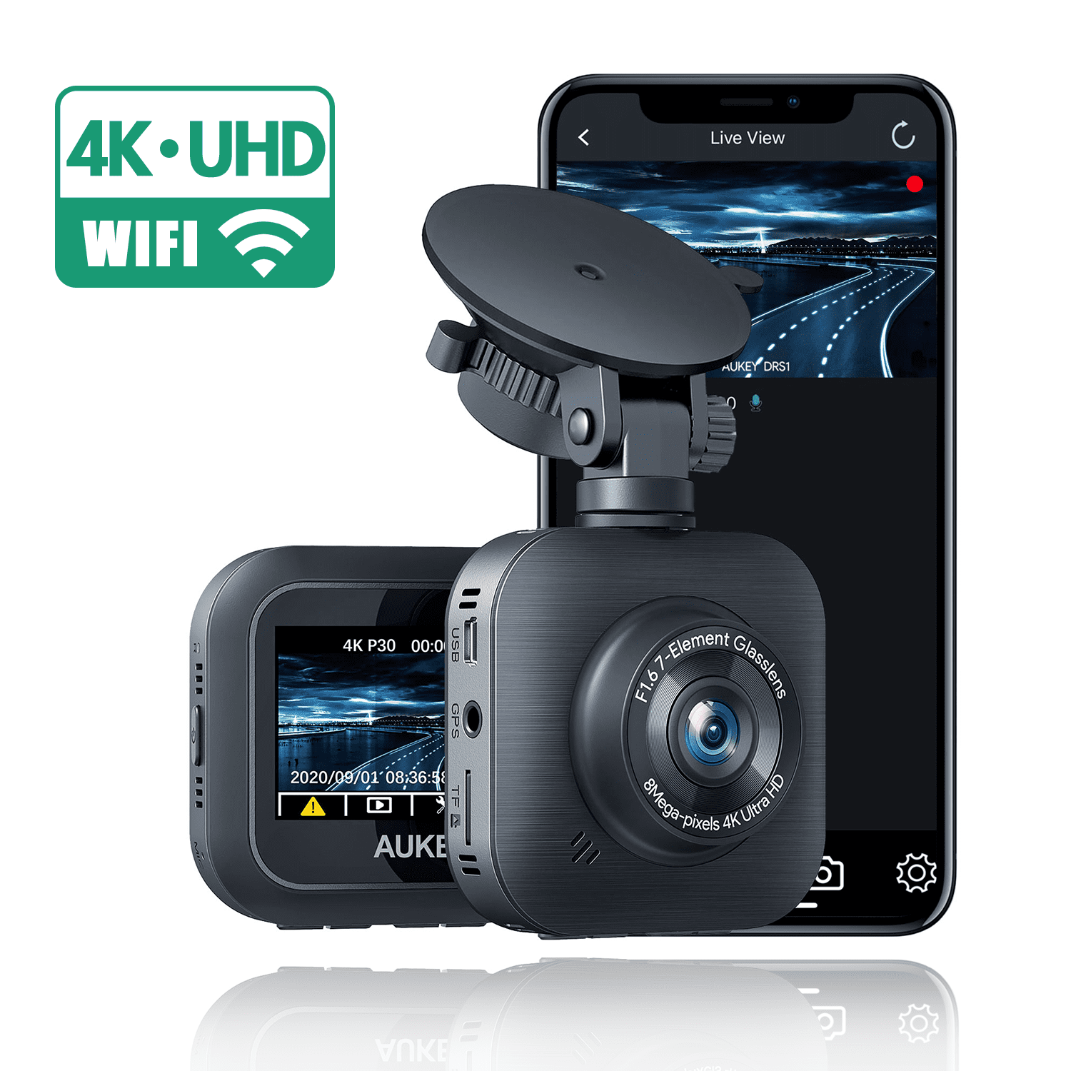 AUKEY Car Camera 4K Dash Cam 6-Lane Wide-Angle Lens Dashboard Camera with G-Sensor HDR Night Vision Loop Recording and Dual-Port Car Charger 
