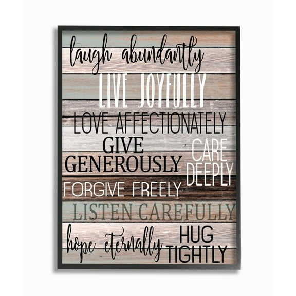 Stupell Industries Live Joyfully Phrases on Wood Grain Brown Tan Teal Framed Wall Art Design by Kim Allen, 16" x 20", Black Framed
