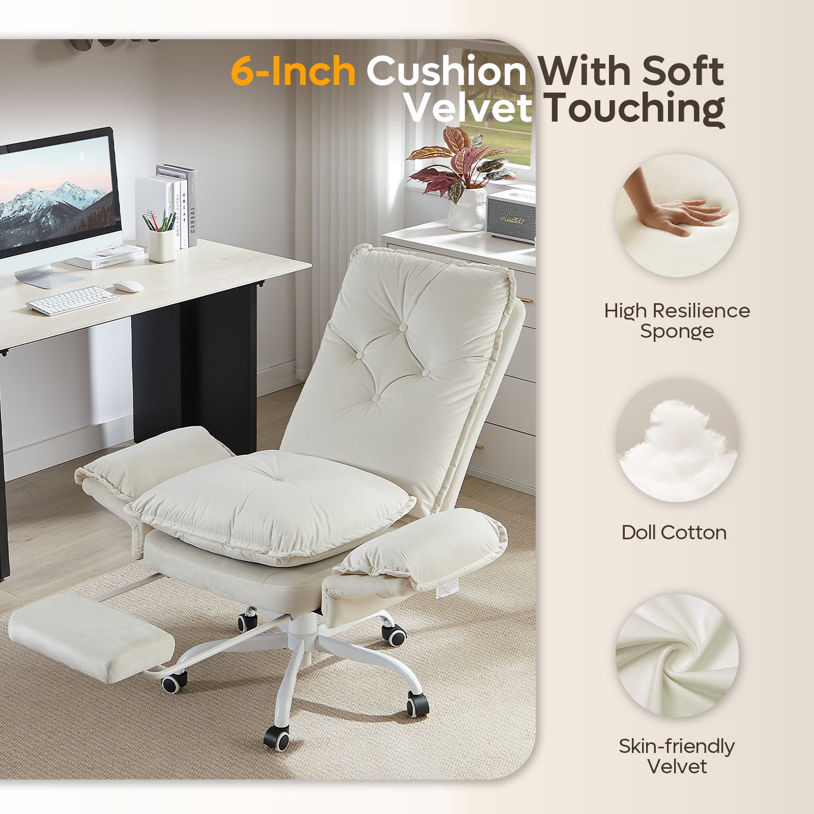 Bestier Big and Tall Executive Office Chair with Flip-up Arms for Adult, Wide Seat Ergonomic Computer Desk Chair,High Back Velvet Comfy Cross-Legged Office Chair with Footrest and Side Pockets, Beige