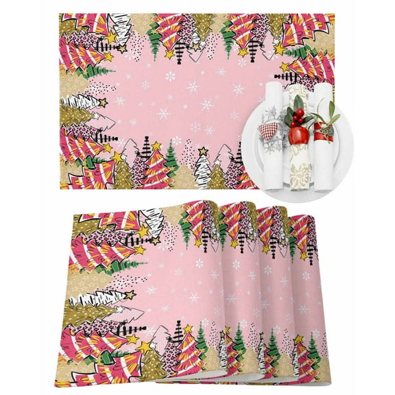 Christmas Placemats Set of 4, Christmas Tree Forest Place Mats Pink Buffalo Plaid Snowflake Placemat Table Decoration for Kitchen Table Dinner Xmas Holiday Party Home Decor Indoor Outdoor 13x19 Inch