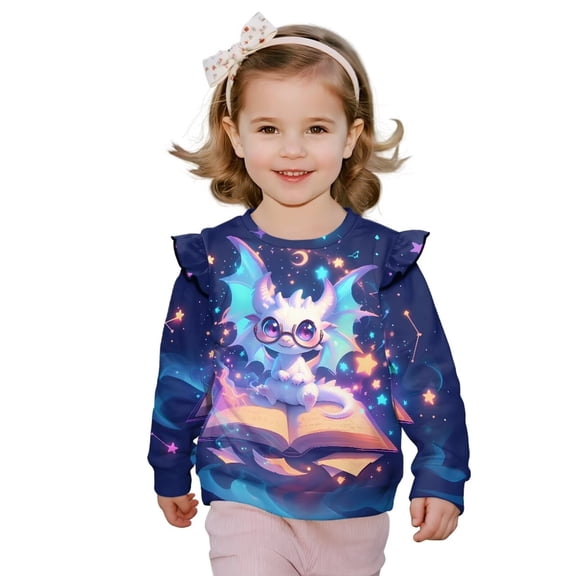 Uorisanigo Toddler Girl Sweatshirt Crewneck Long Sleeve Shirts Tops Kids Oversized Sweatshirts Fall Spring Clothing Ruffle Shoulder Curious Dragon Starry Pullover Hoodies Tops