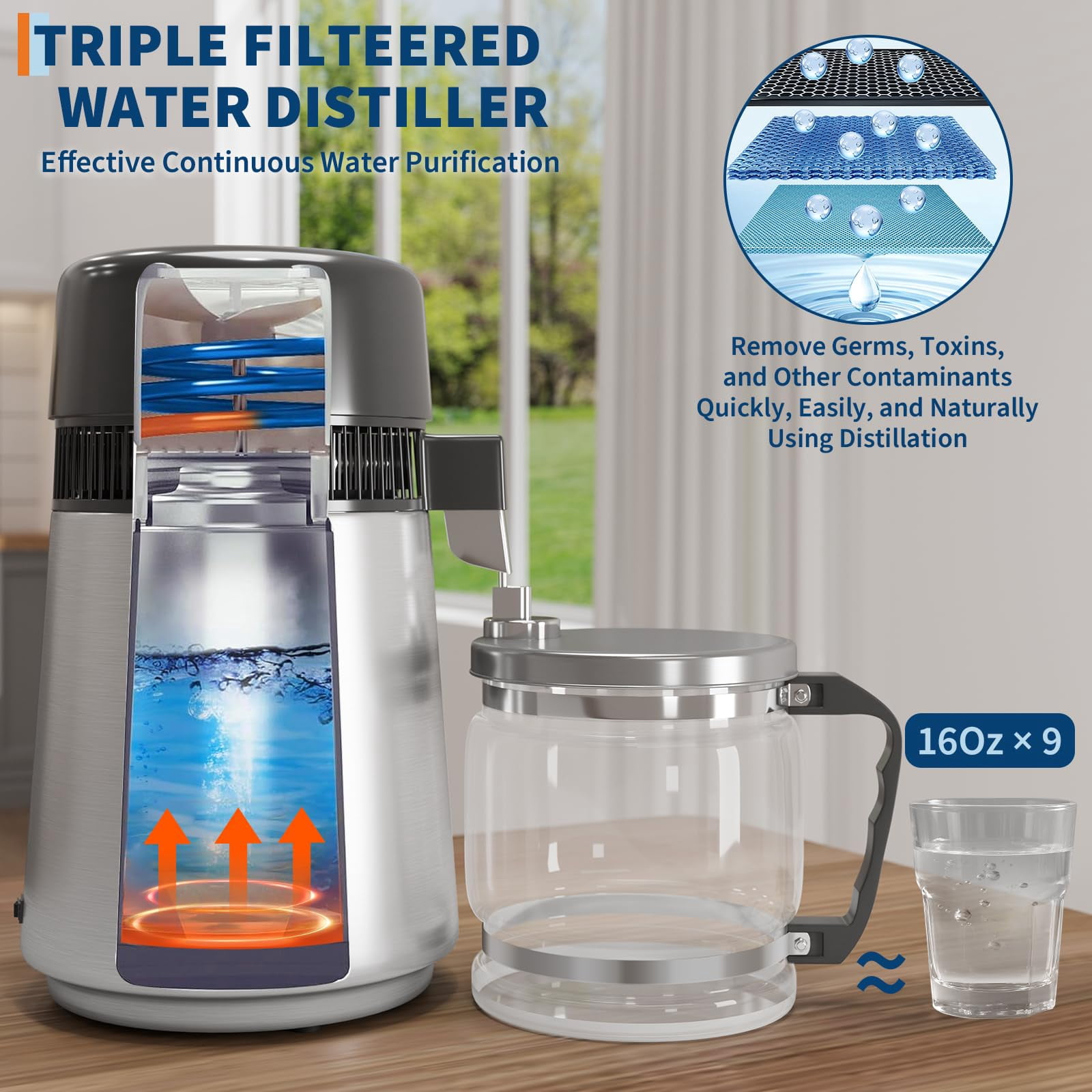 Countertop Water Distiller for Home, 1 Gallon / 4L Stainless Steel Distilled Water Make,  Electric Water Distillers Kit,750W Electric Distilling Machine for Drinking Water