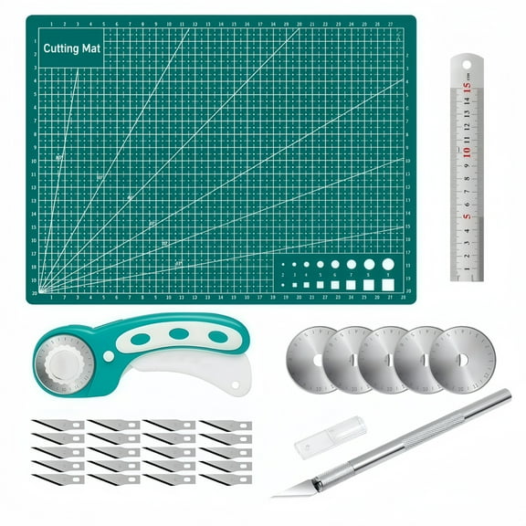 Ergonomic 45mm Rotary Cutter Set With Extra Blades And Steel Ruler Ideal For Sewing Patchworking And Crafts In Stylish Turquoise