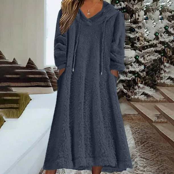 TaTaai Women's Casual Solid Color Hooded Long Sleeve Plush Pocket Dress Round Neck Loose Comfortable Home Long Nightgown Loungewear Gift