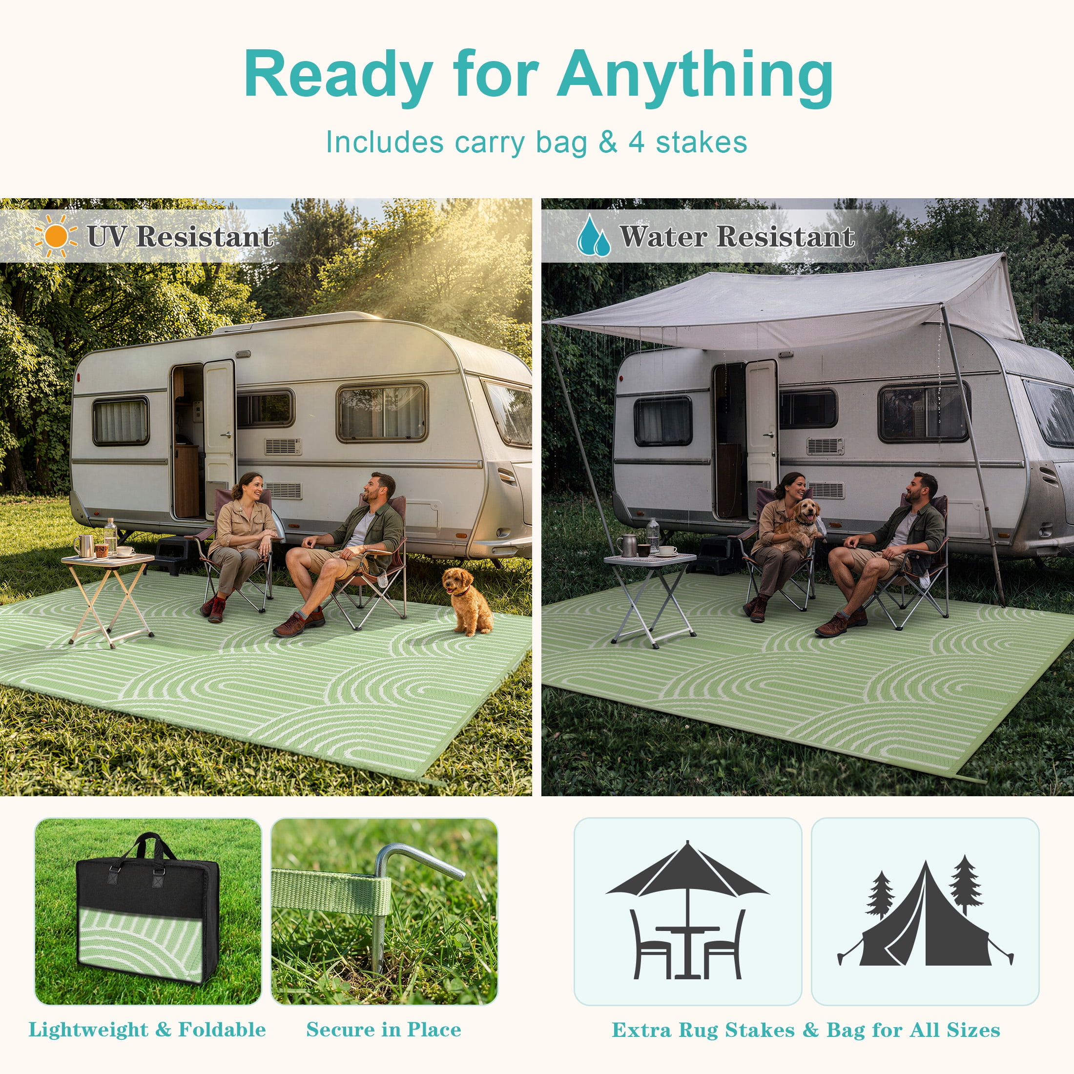 Wonnitar Outdoor Rug Waterproof 5'x8' Lightweight Plastic Straw Rug, Scandinavian Reversible Outside Carpet for RV Patio Deck Porch Balcony Picnic Camping Beach, Green-Rainbow