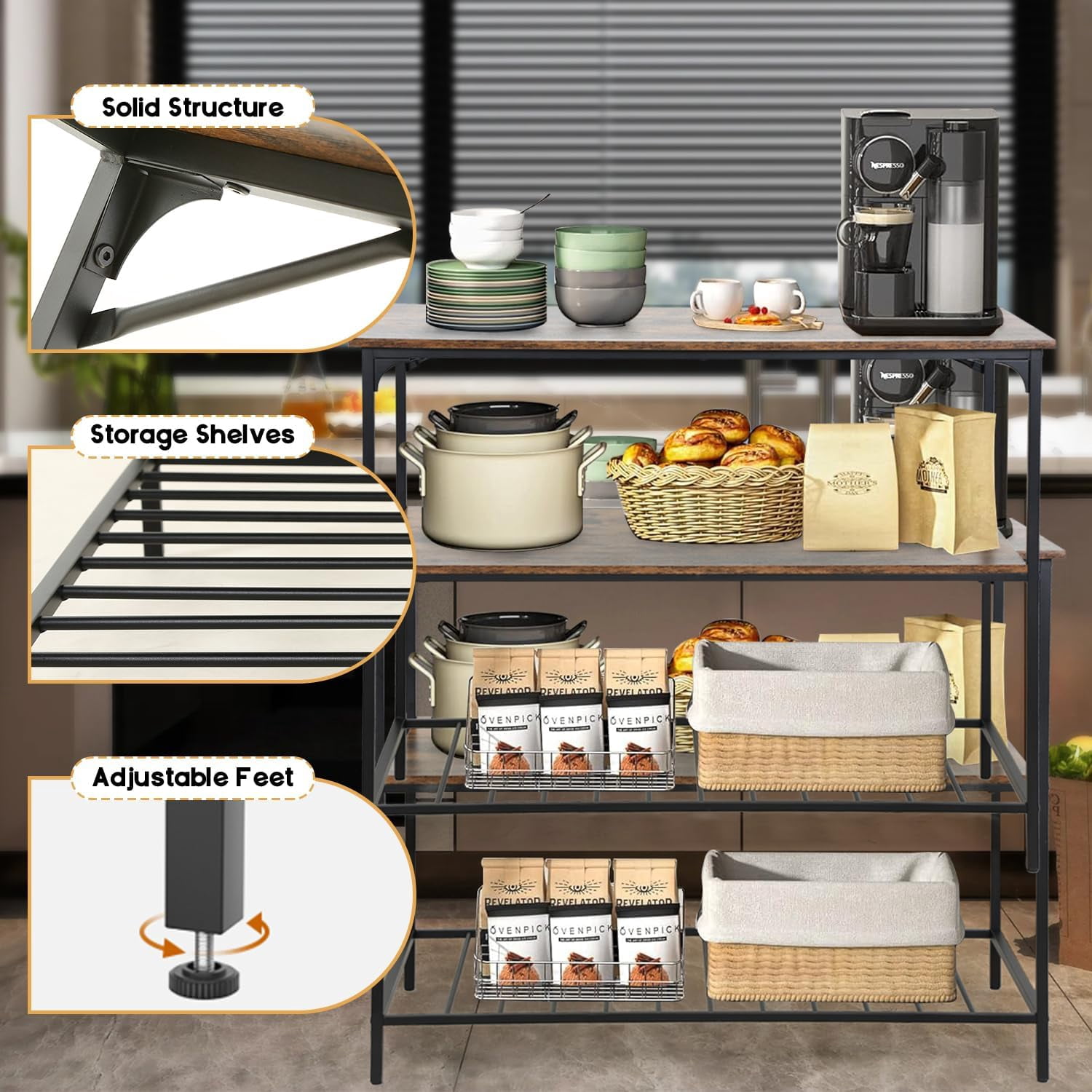Dkelincs 3 Tier Kitchen Storage Kitchen Island Counter with Large Storage Space for Kitchen Living Room Coffee Shop, Brown